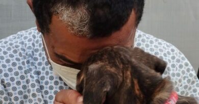 Pet terapia no HCN. Homem abraçando cachorro.