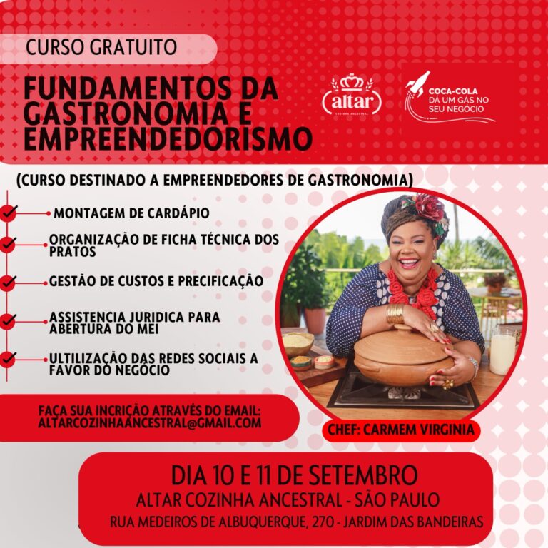 Curso 'Fundamentos da Gastronomia e Empreendedorismo' com Dona Carmem Virginia nos dias 10 e 11 de setembro no Altar Cozinha Ancestral, São Paulo