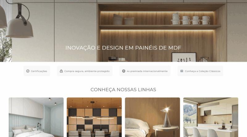 Interface do novo site da Greenplac, fabricante de MDFs, destacando o design contemporâneo e a navegação intuitiva, com produtos exclusivos em exibição.