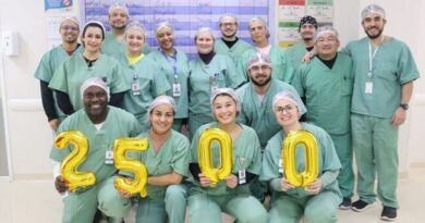 Imagem da equipe do centro cirúrgico do Hospital Municipal da Brasilândia (HMB) comemorando a marca de 2.500 cirurgias eletivas realizadas, um resultado do esforço conjunto e do compromisso com a ampliação do acesso à saúde pública.